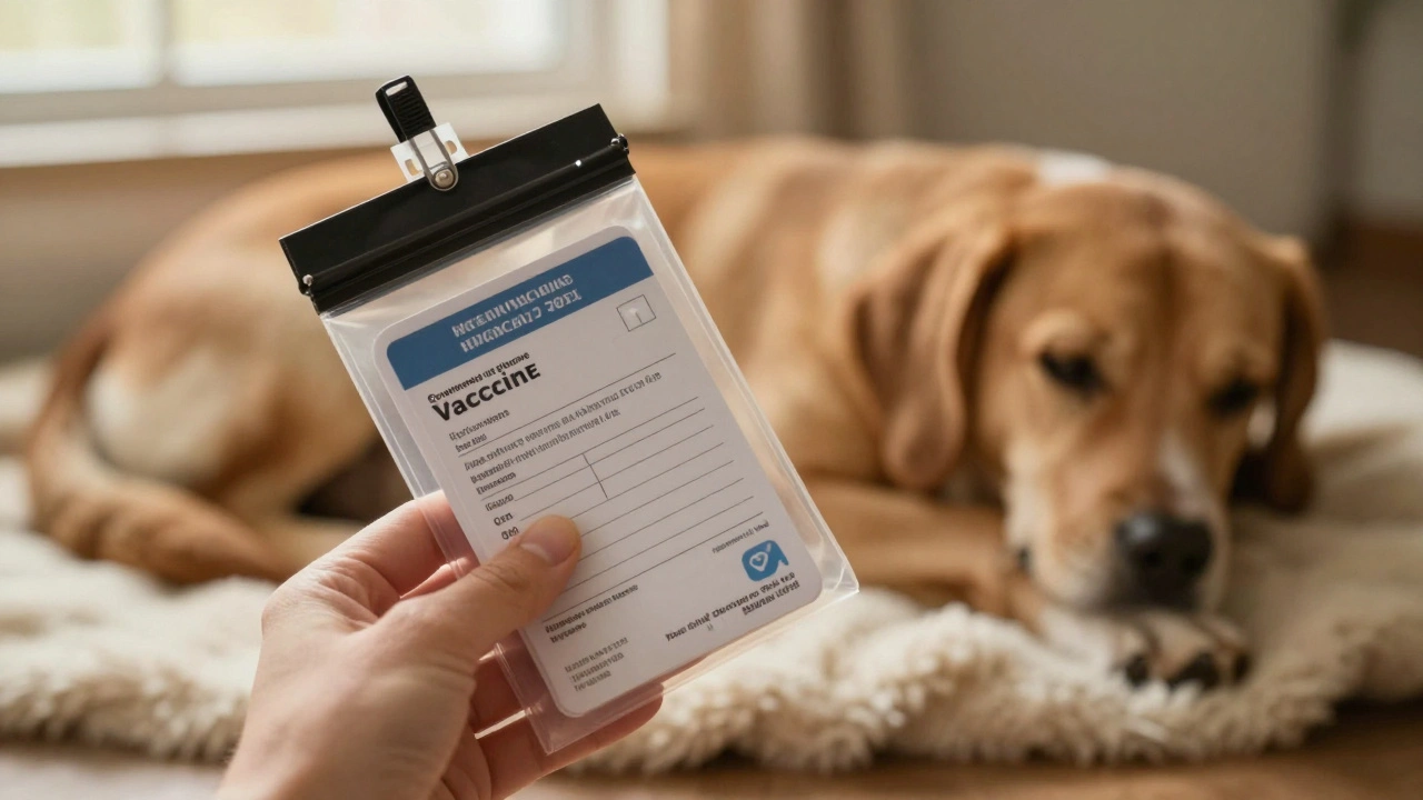 Hand holding waterproof vaccination records with a dog resting in the background