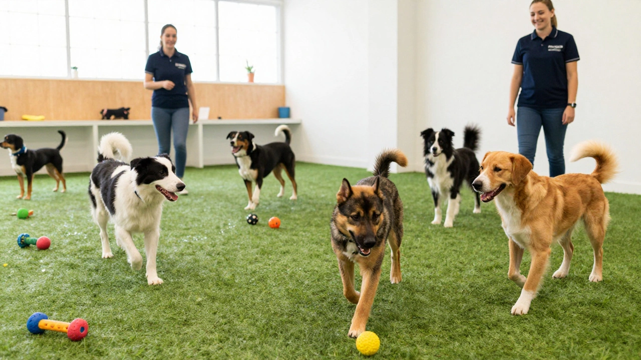 Happy dogs playing and socializing in a bright, supervised professional daycare facility.
