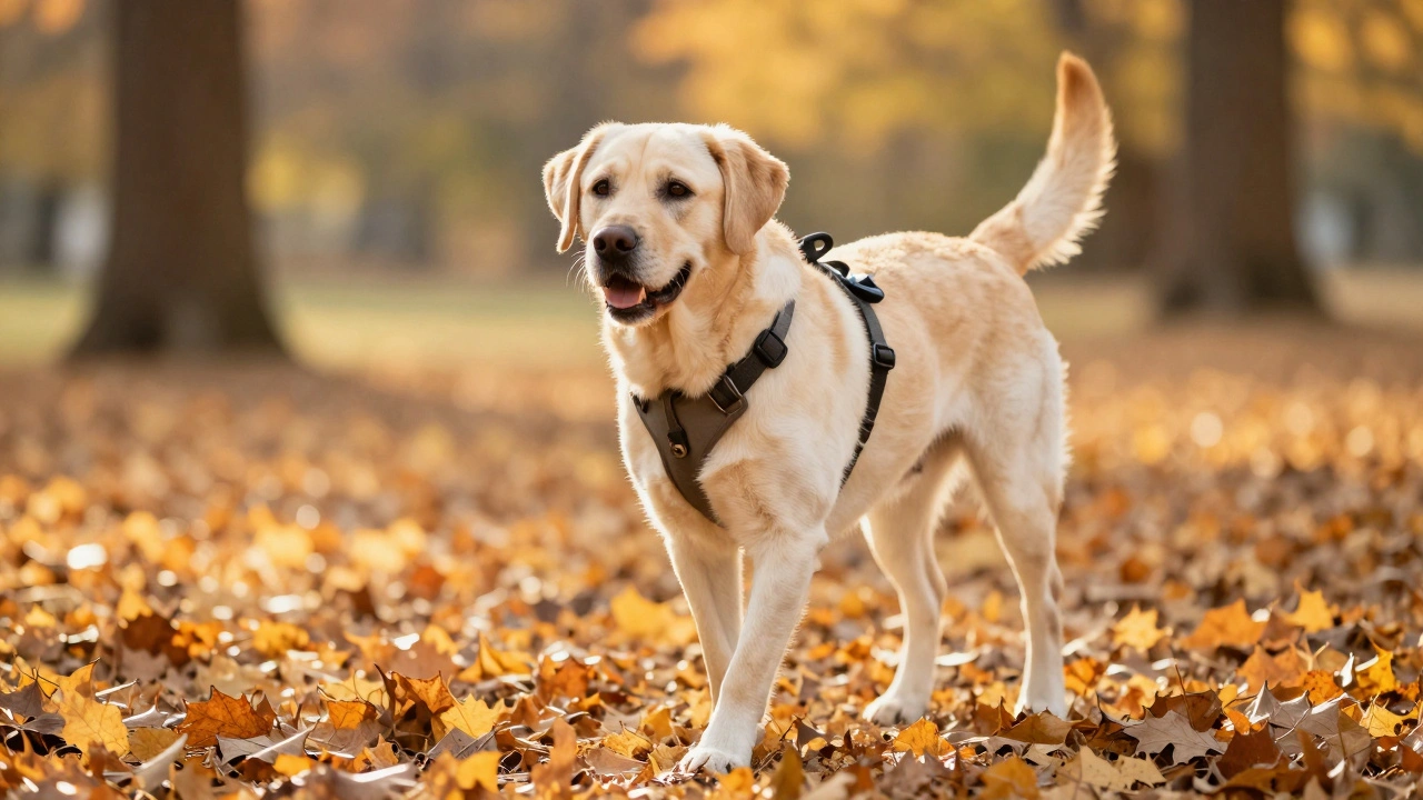 Healthy senior Labrador walking in a sunny autumn park