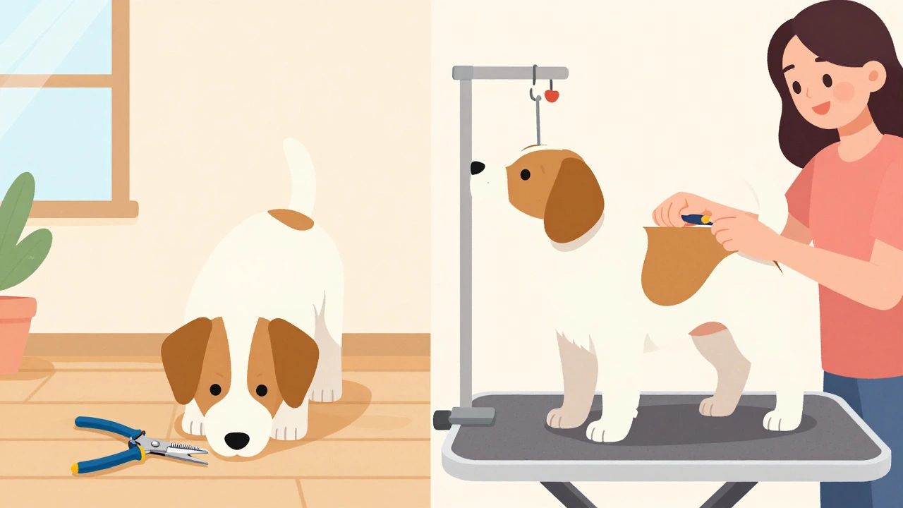 Illustration of a dog sniffing grooming tools and then calmly standing on a table for a treat.