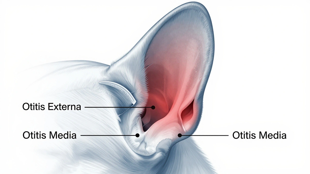 Medical illustration of a dog's ear anatomy showing infection progression