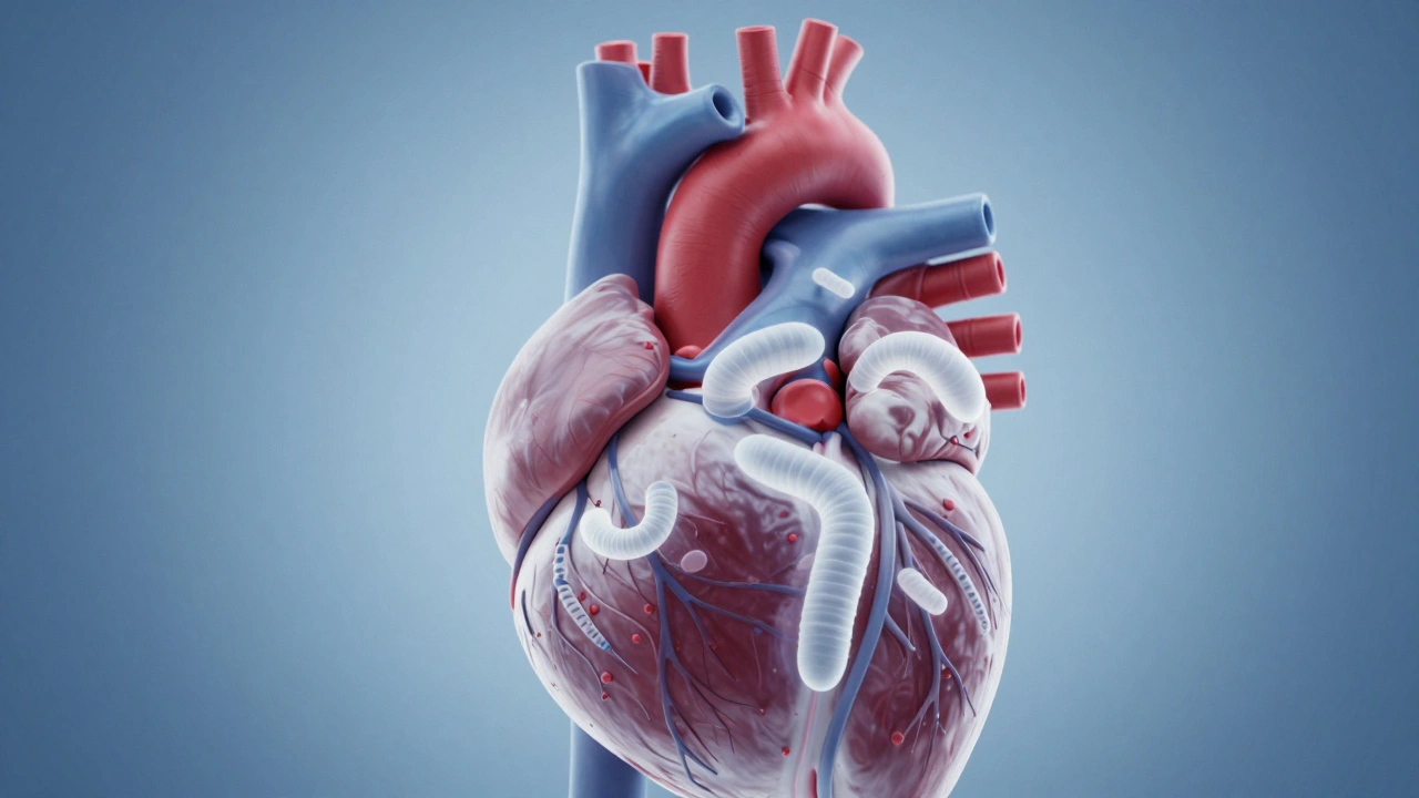 Medical illustration of a dog's heart showing the process of heartworm treatment.