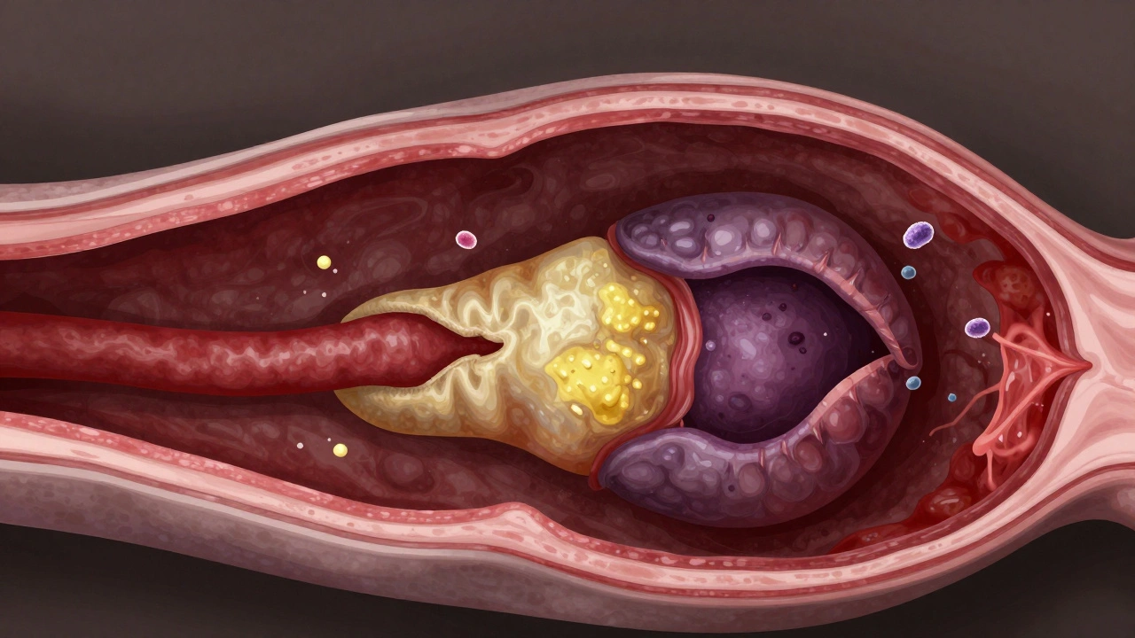 Medical illustration of placental tissue retained in a dog's uterus showing signs of infection