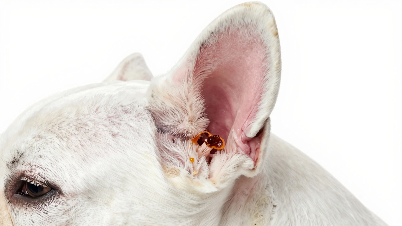 Medical illustration showing a narrowed canine ear canal with wax buildup