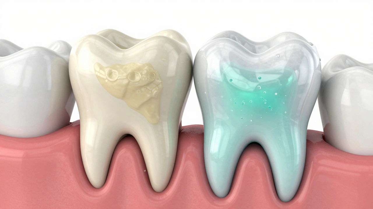 Scientific 3D visualization of enzymatic gel breaking down plaque on a dog's tooth.