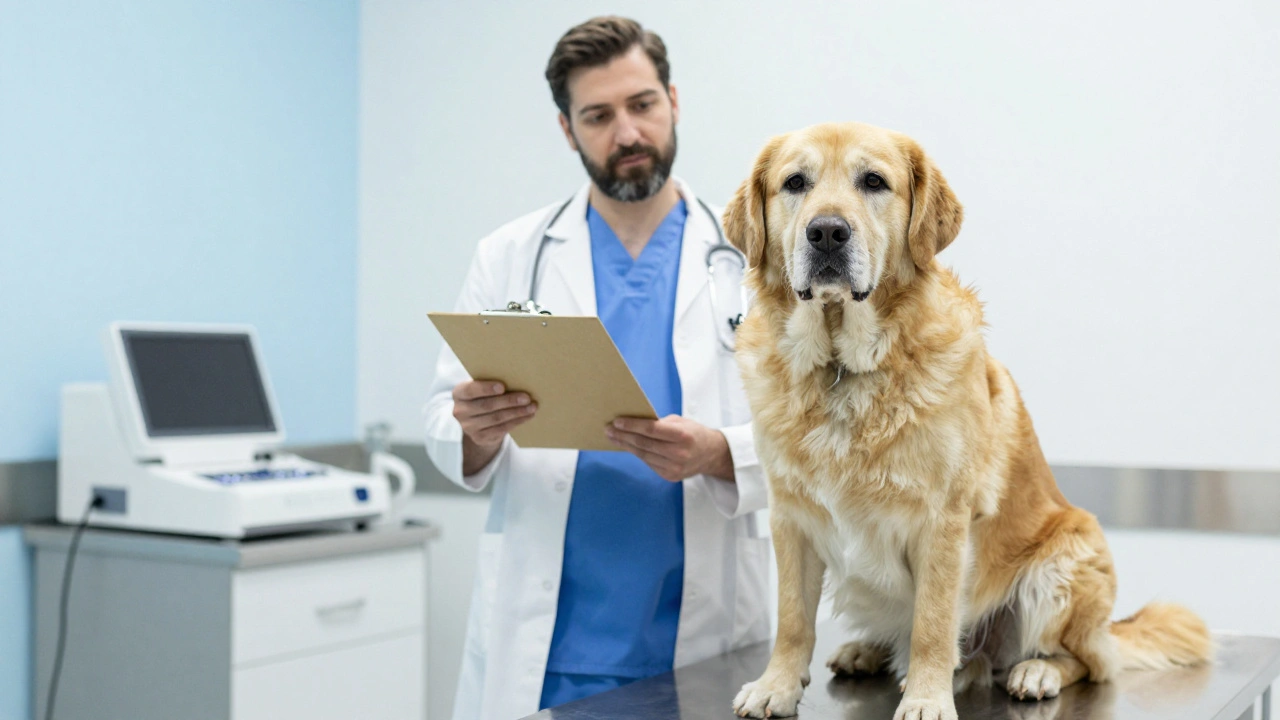 Veterinarian examining a calm older dog in a clinic examination room