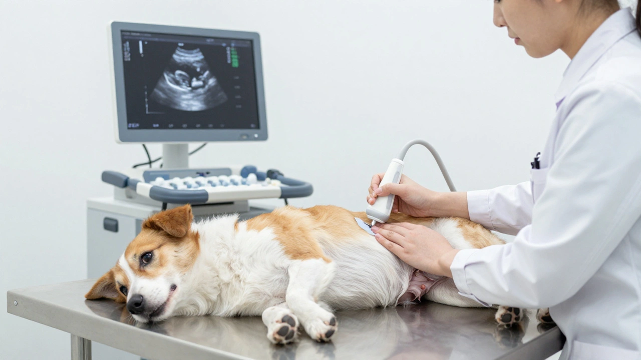 Veterinarian performing an ultrasound on a female dog in a clinical emergency room setting