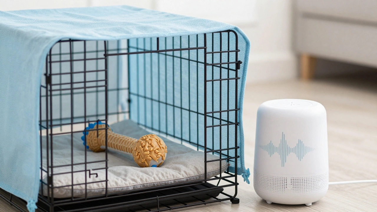A dog crate with a frozen treat and a white noise machine creating a safe space
