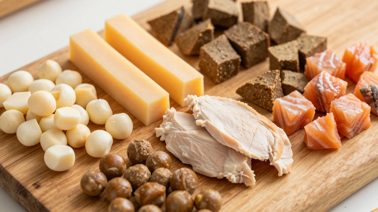 Assortment of diced chicken, cheese, and liver treats for dog training