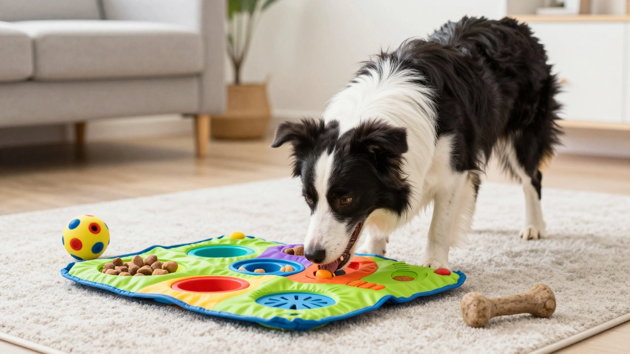 Border Collie playing with a puzzle feeder mat in a bright living room.