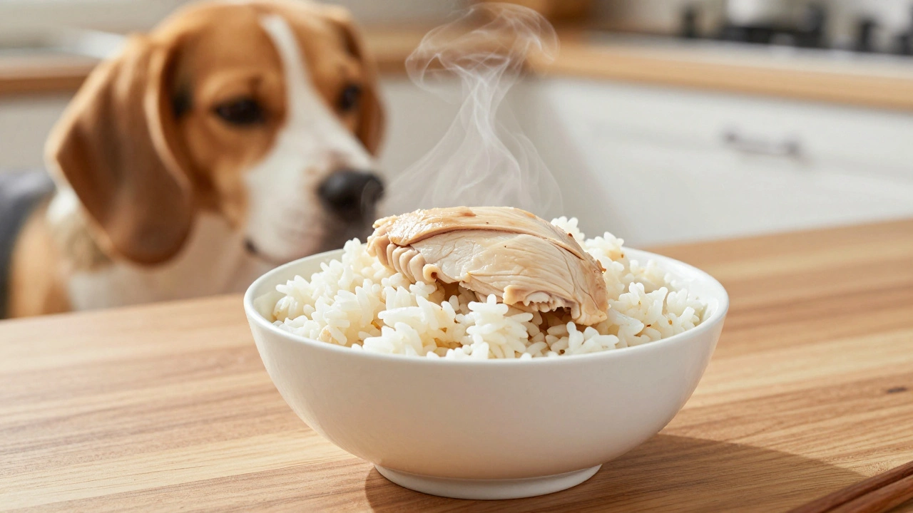 Bowl of bland chicken and rice for recovering dog