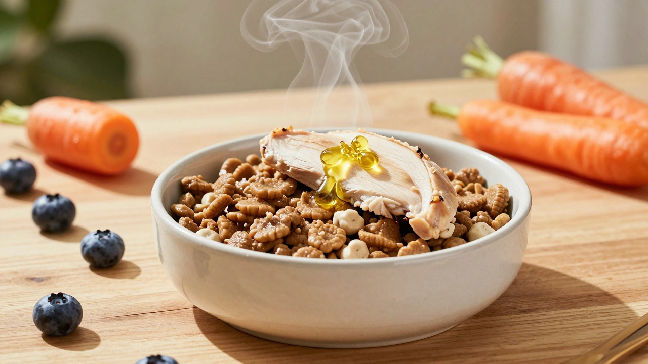 Bowl of senior dog food with wet mix-ins, steam, and fresh toppings.
