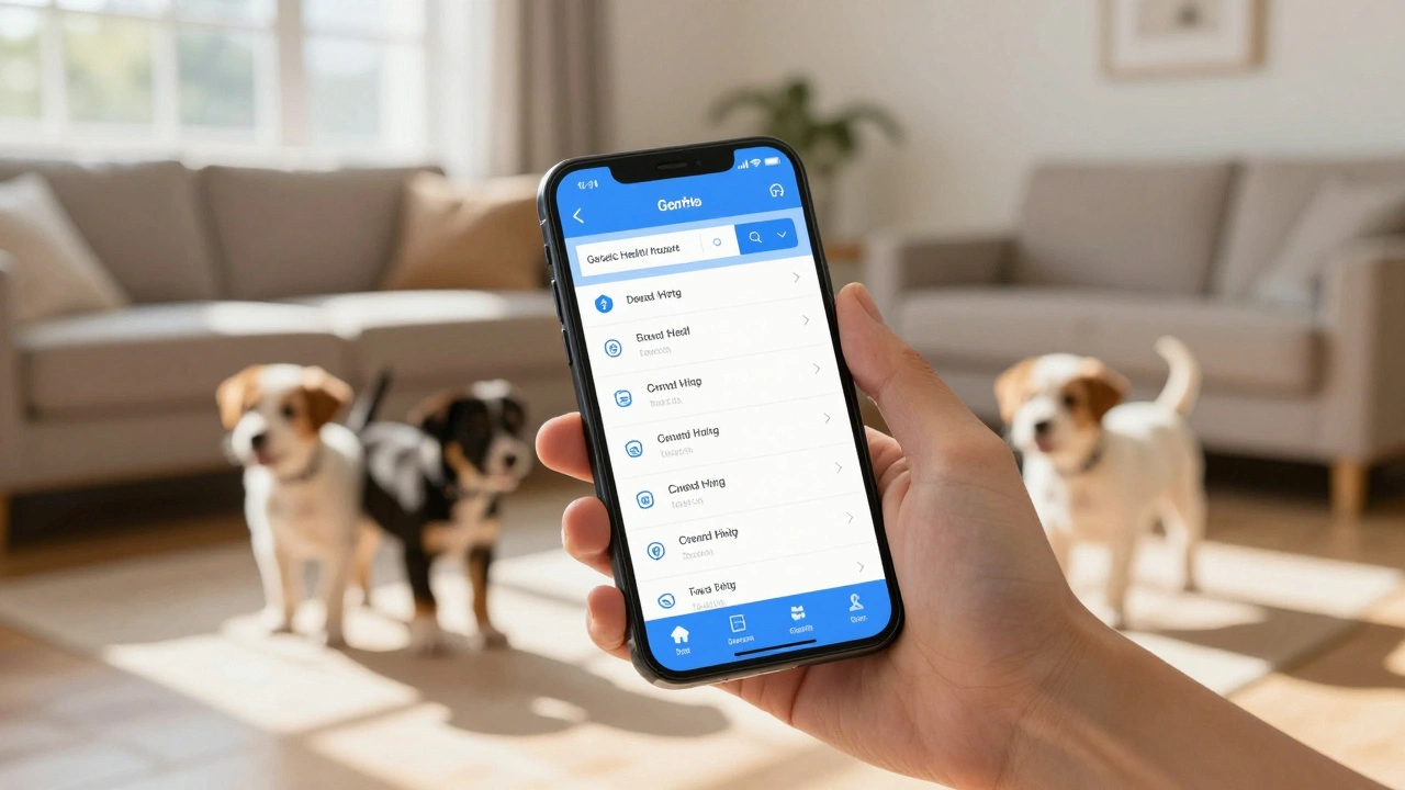 Breeder checking genetic data while puppies play