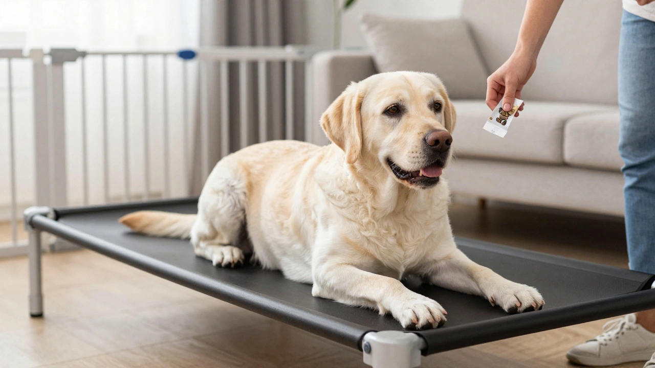 Calm dog resting on mat while owner prepares treats for reward