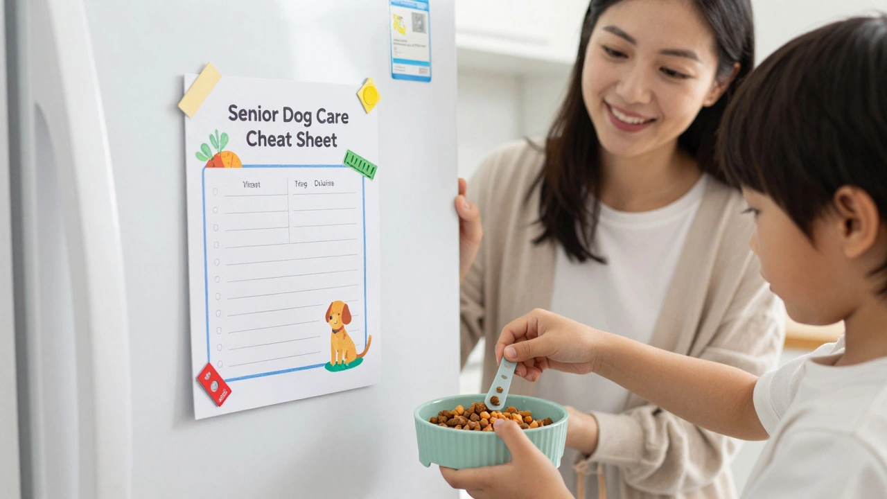 Child preparing measured dog food while parent checks a care schedule on fridge.