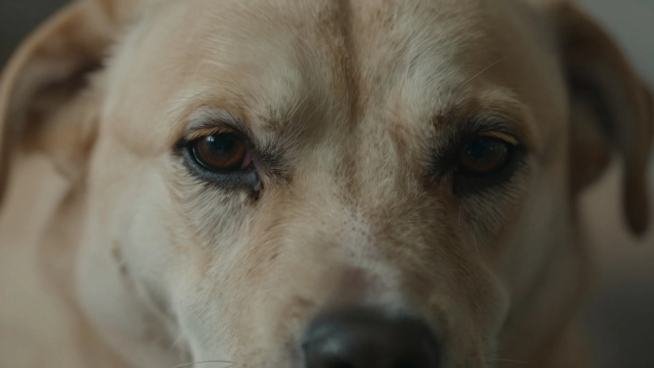 Close-up of dog's glassy, squinted eyes indicating stress and chronic discomfort.