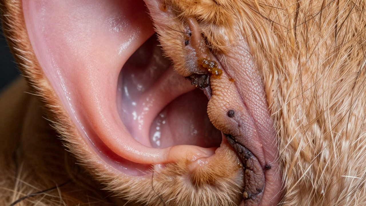 Close-up view of inflamed dog ear canal showing chronic damage.