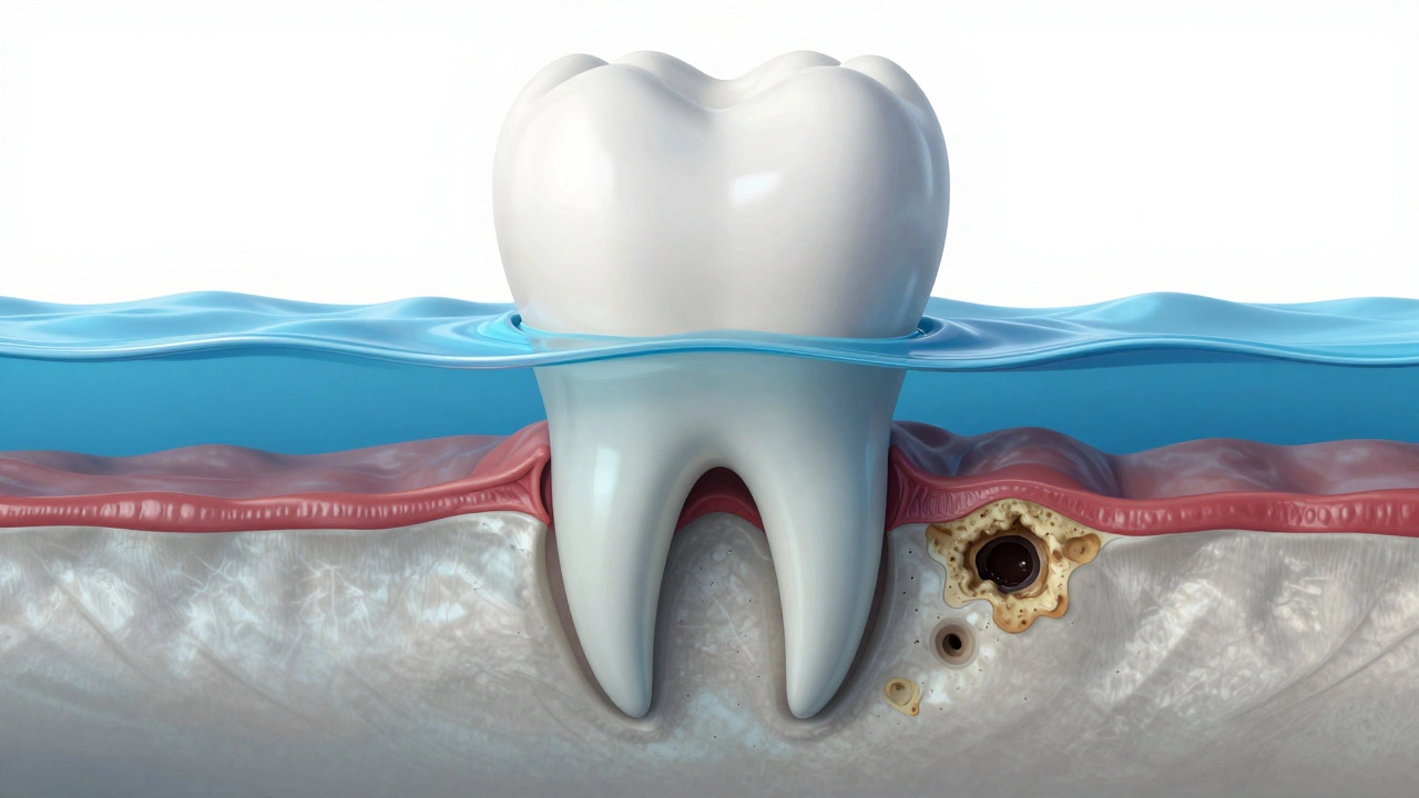 Diagram showing hidden tooth roots and bone disease below gums.
