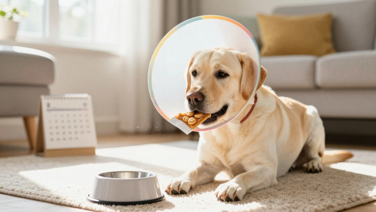 Dog eating treat with cone on
