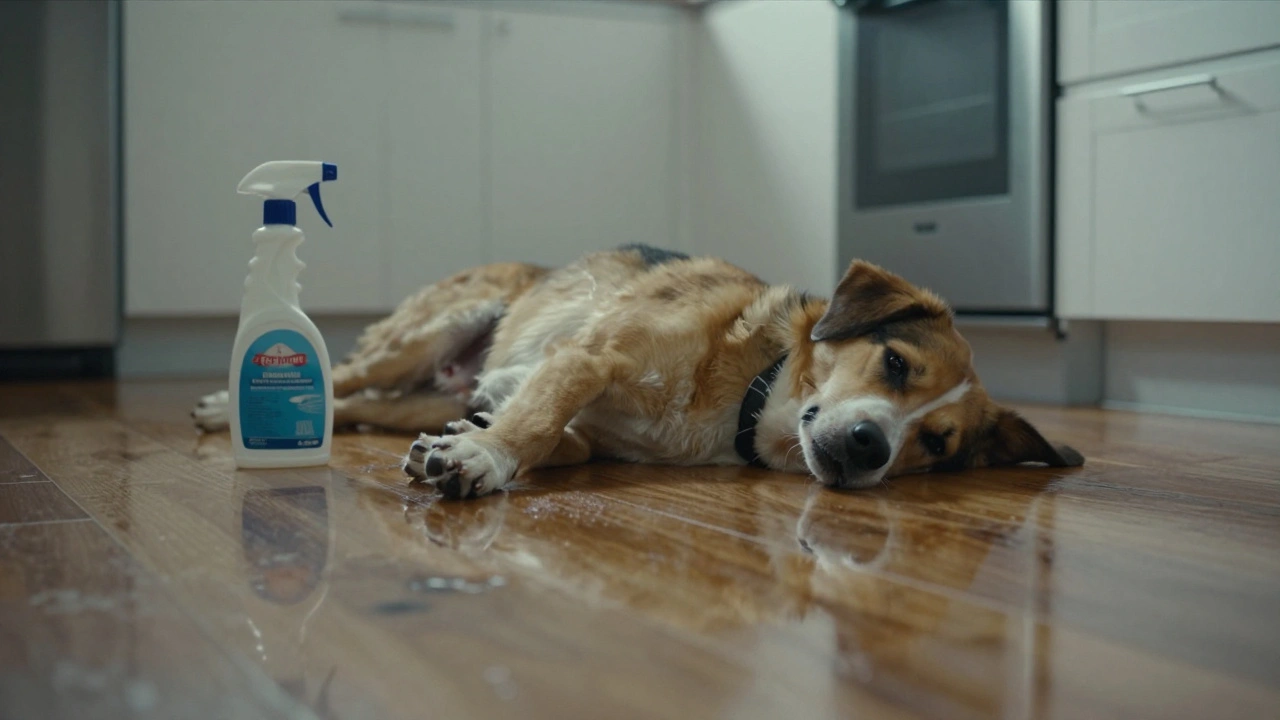 Dog lying on a wet, cleaned kitchen floor showing potential irritation