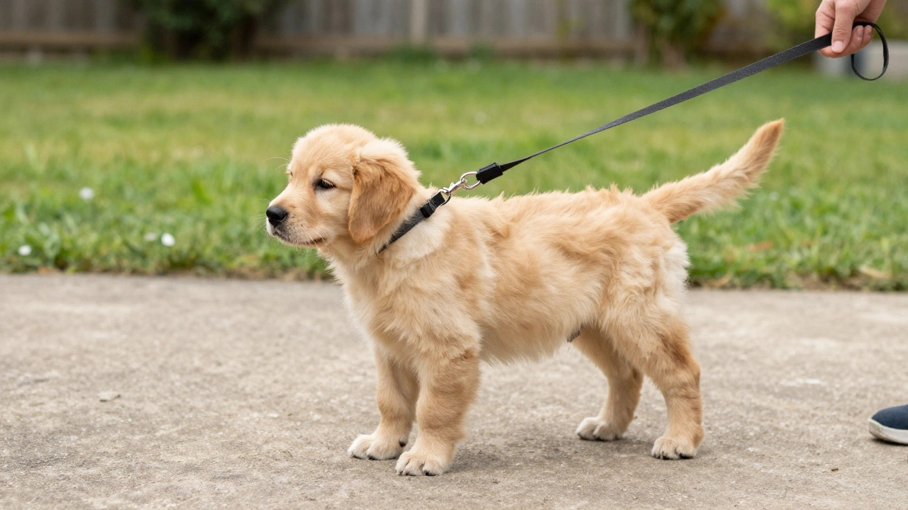 Dog on short leash for quick outdoor potty break