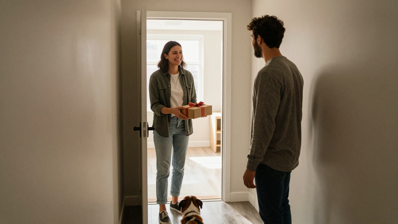 Dog owner giving a gift to a neighbor in an apartment hallway to build rapport