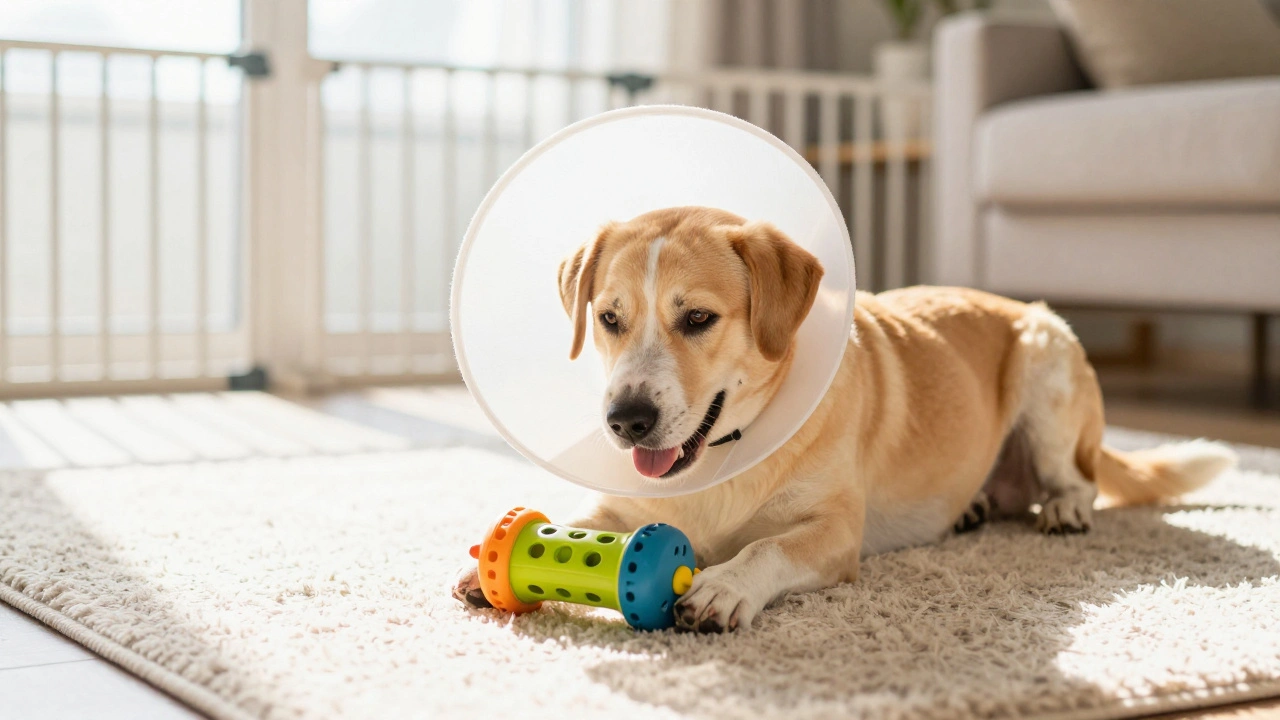 Dog playing with puzzle toy during late-stage recovery