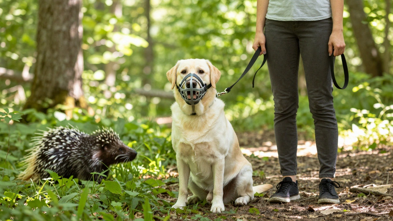 Dog wearing muzzle on leash in sunny forest for safety