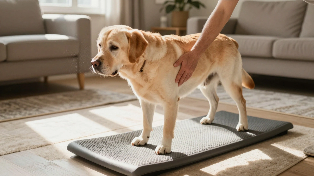 Elderly dog doing gentle stretches on a balance pad indoors