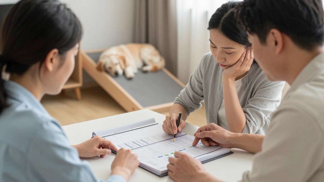Family discussing pet care budget calmly with sleeping senior dog in background.
