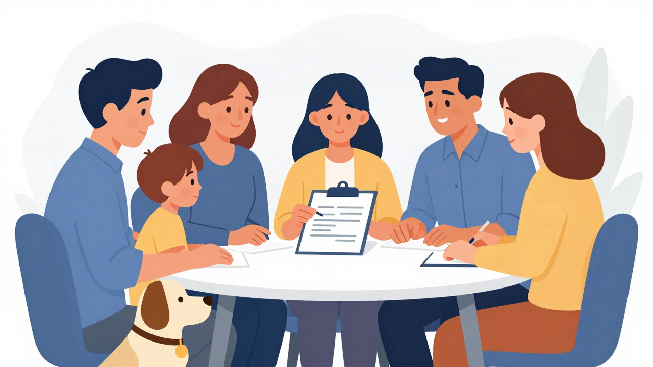 Family meeting at table planning consistent dog training rules