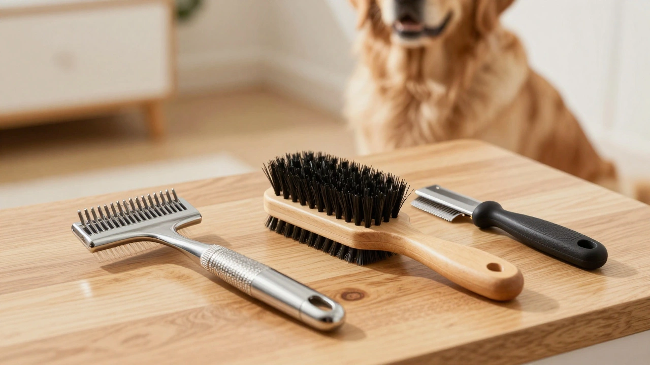Grooming tools for double-coated dogs including rake and pin brush