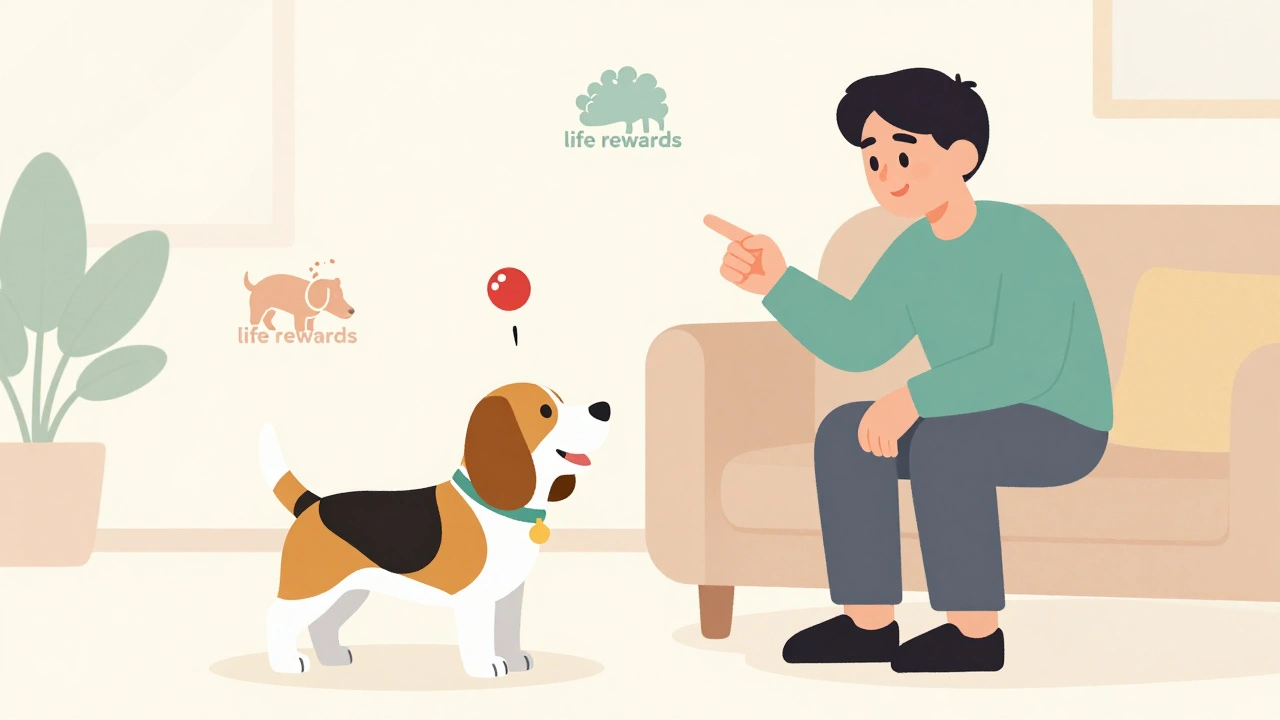 Happy dog learning tricks using life rewards instead of constant food