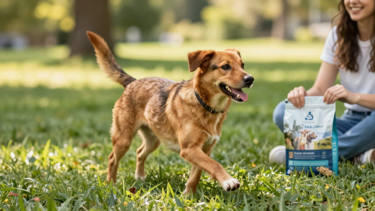 Happy dog playing outdoors with healthy, vibrant fur