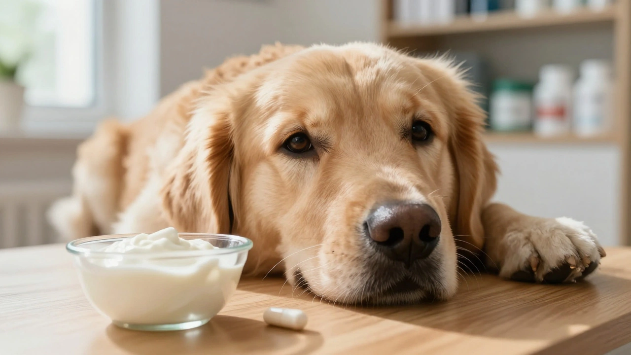 Happy dog with probiotic supplement and yogurt in a sunlit room.