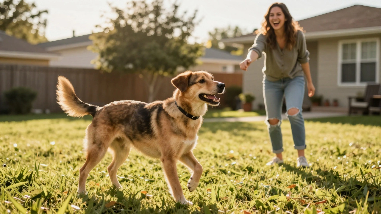 Happy mixed-breed dog playing fetch with its owner in a sunny backyard.