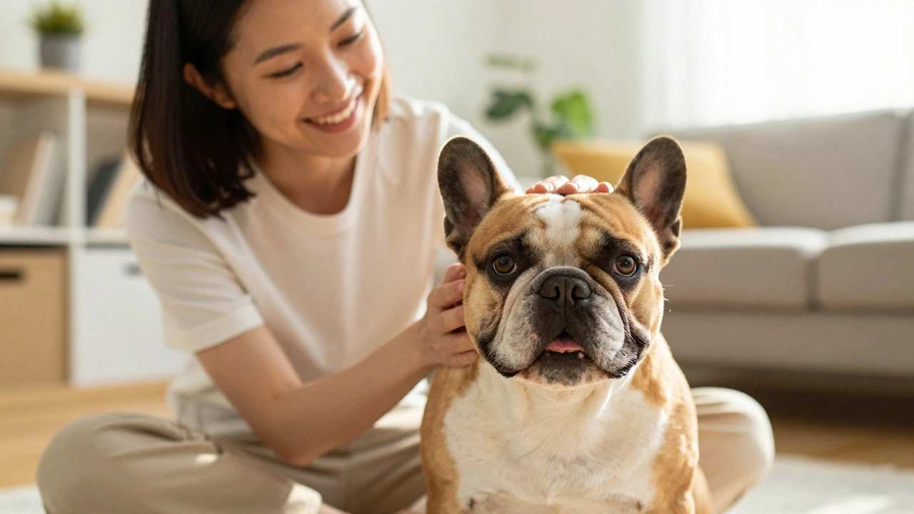 Happy owner bonding with adopted French Bulldog at home