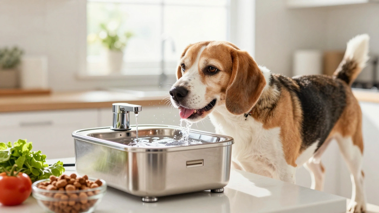 Happy senior dog drinking water from a fountain in sunlight