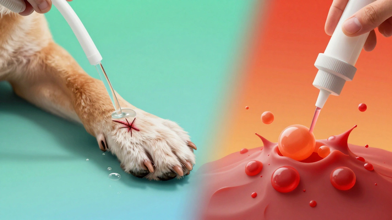 Illustration comparing gentle saline cleaning vs harsh peroxide on dog skin