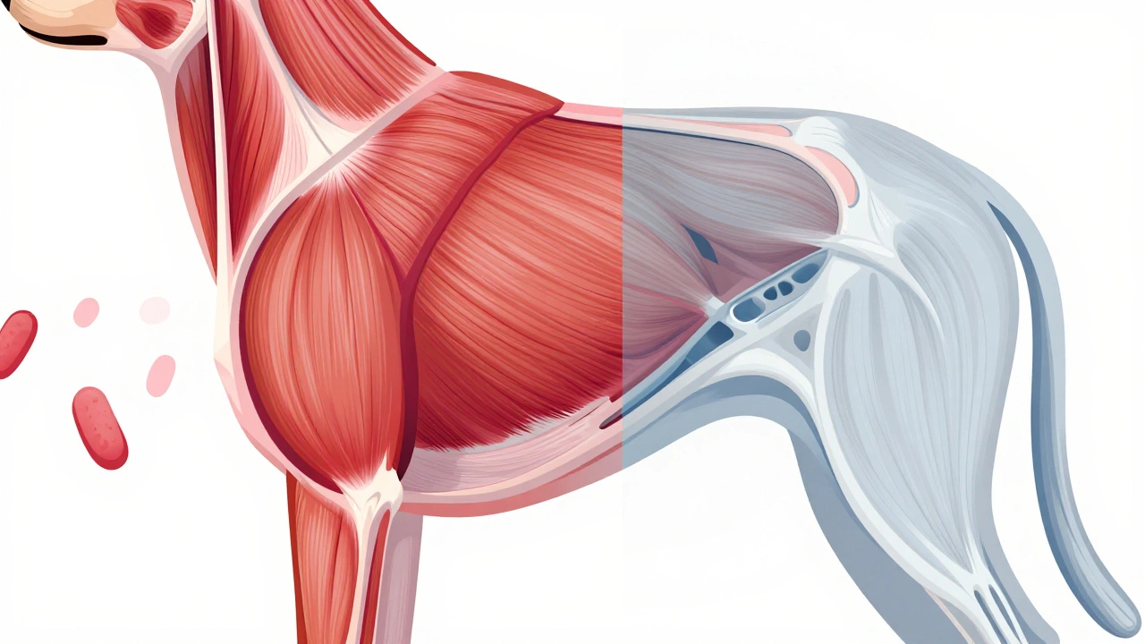 Illustration comparing healthy muscle fibers to atrophied muscle tissue in aging.