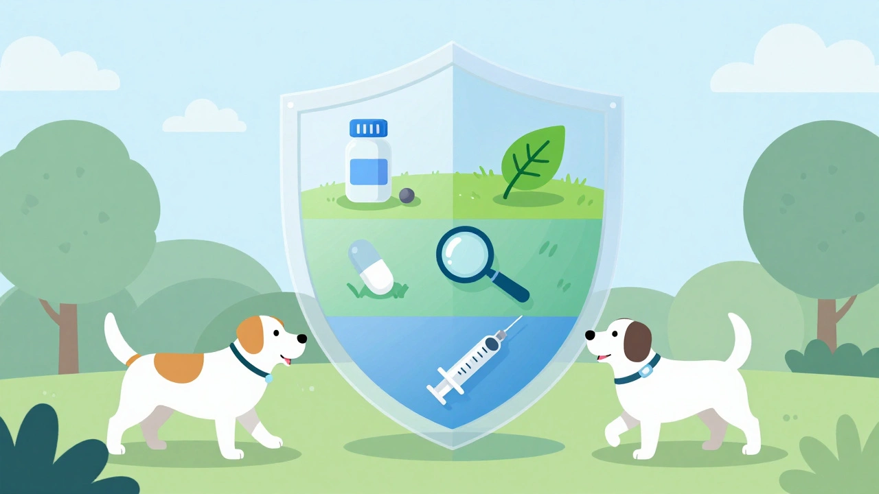 Illustration of layered tick prevention methods for dogs