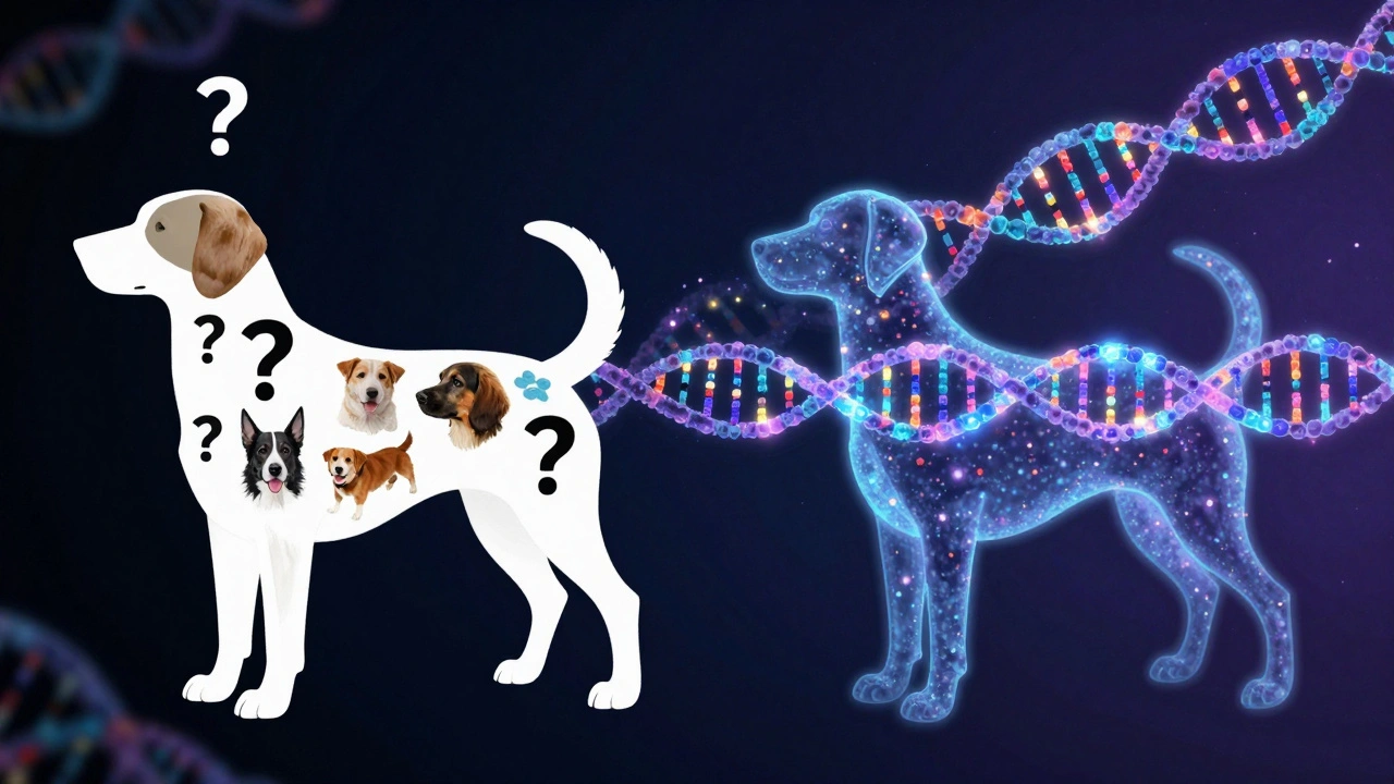 Illustration showing a dog's physical traits transforming into a glowing DNA helix.