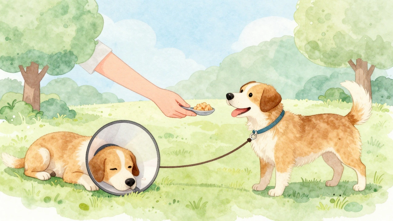 Illustration showing dog recovery stages from sick to healthy