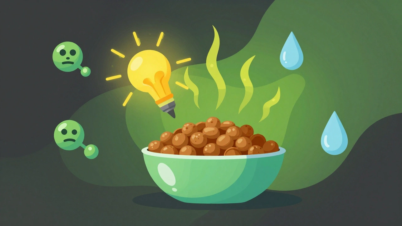 Illustration showing oxygen, light, heat, and moisture threatening dog food freshness.