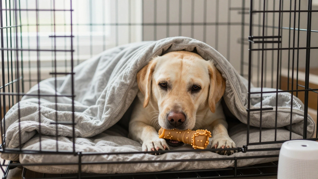 Labrador relaxing in a covered crate while chewing a frozen Kong toy.