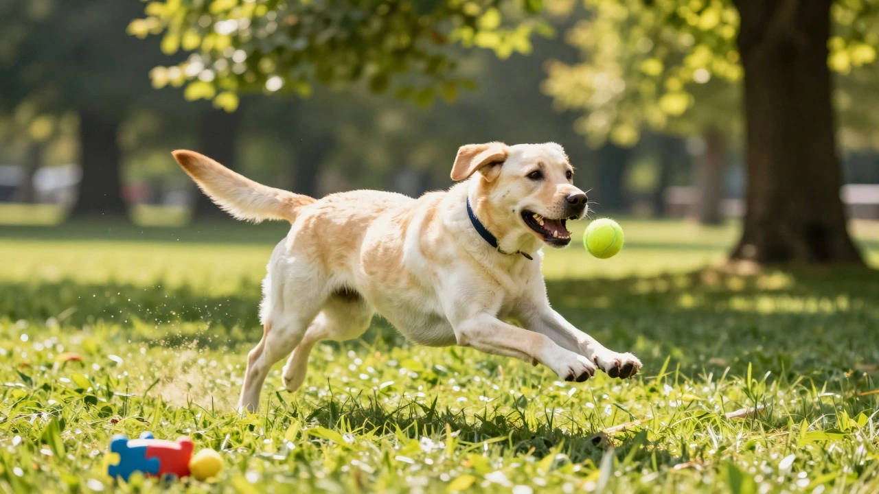 Labrador running to catch a ball in a sunny park