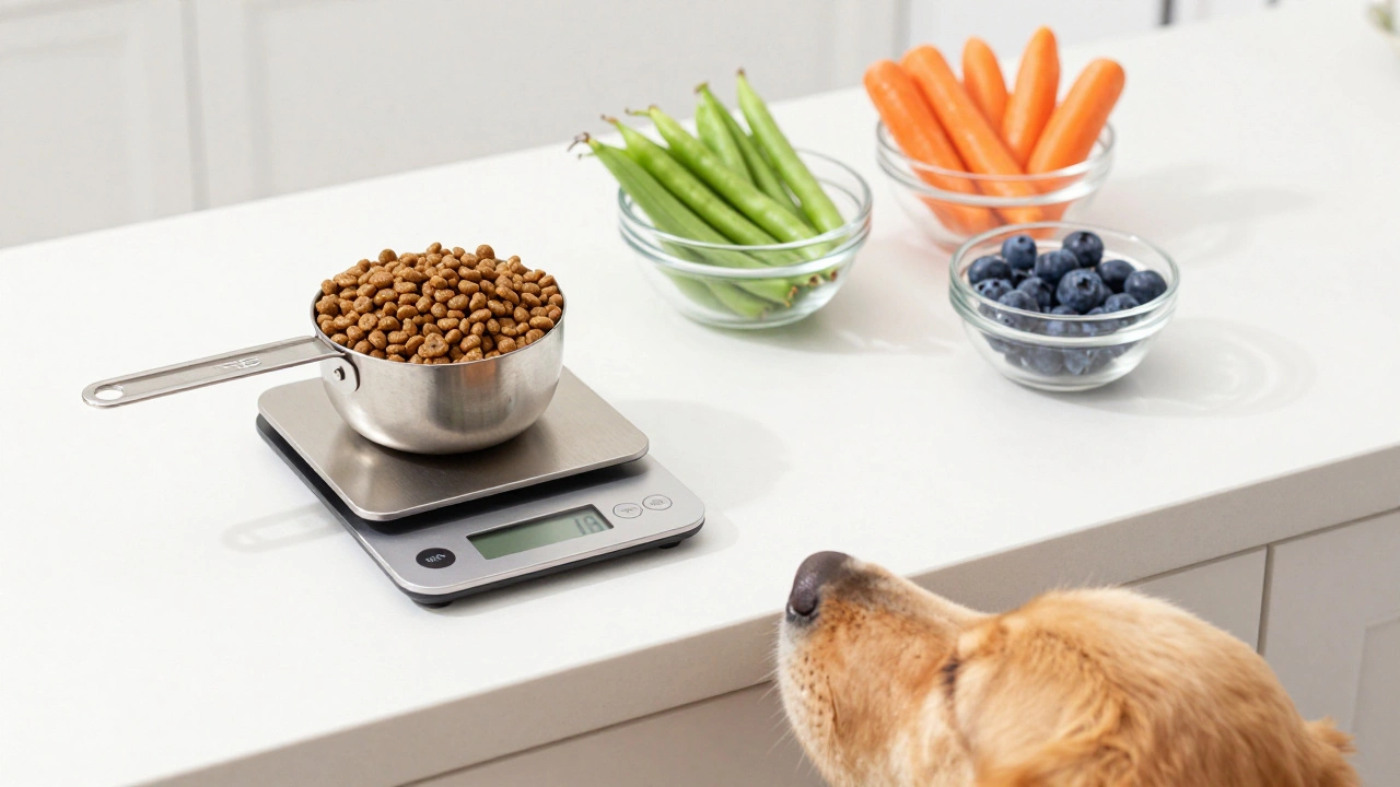 Measuring cup, scale, and healthy veggie treats on counter