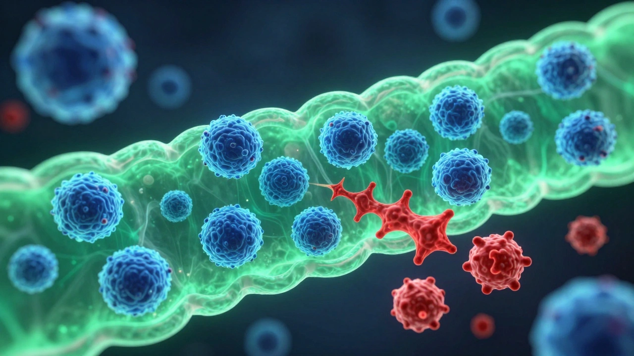 Microscopic view of probiotics repairing the intestinal barrier against toxins.