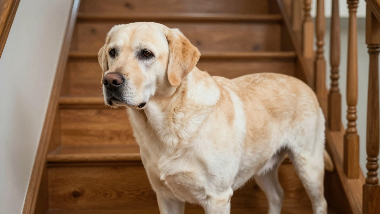 Older dog hesitating before climbing stairs, displaying stiffness and joint pain.