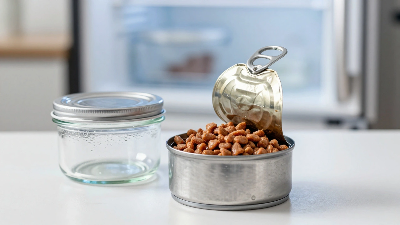 Open wet dog food can next to a sealed glass storage container on a counter.